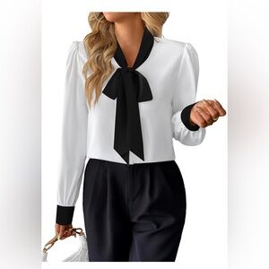 NWT Avanova Women's Bow Tie Neckline Blouse Size: XL, White/Black Dressy,Work